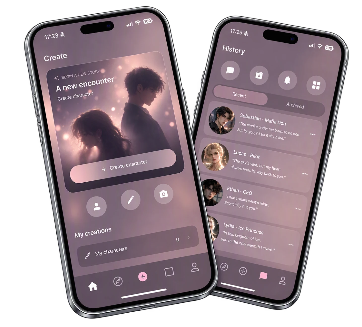 Two phones showing character creation and conversation history in Hazymoon.